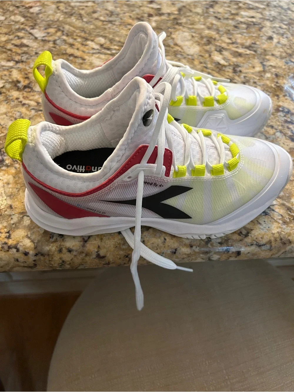 Diadora Tennis pickleball shoes with Neon Yellow and Pink Accents. Worn once